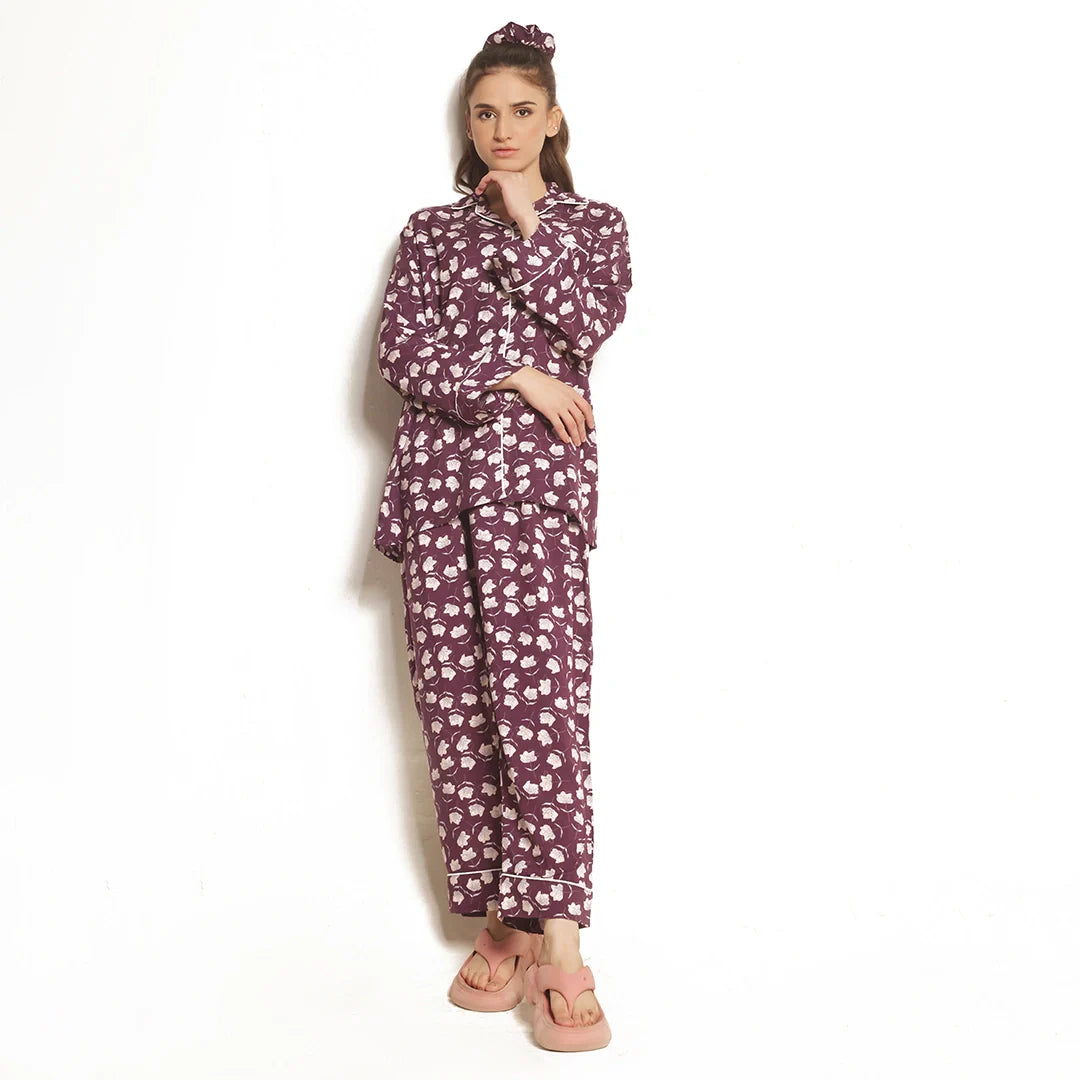 Dusky Petals Linen Pajama Suit with Scrunchie