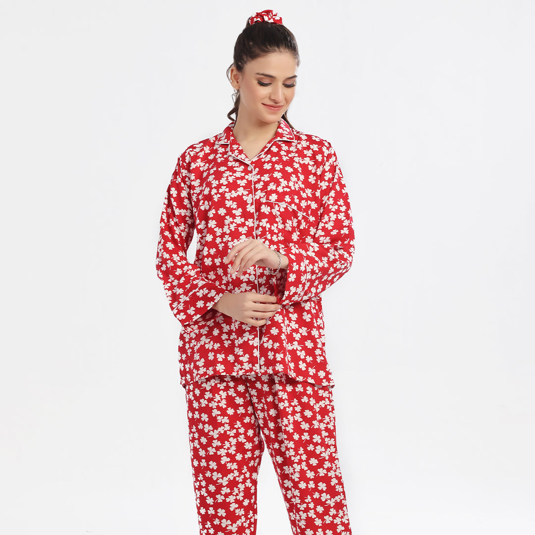 Autumn Red Linen Pajama Suit with Scrunchie