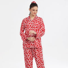 Autumn Red Linen Pajama Suit with Scrunchie