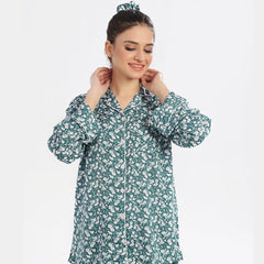 Floral Deep Sea Green Linen Pajama Suit with Scrunchie