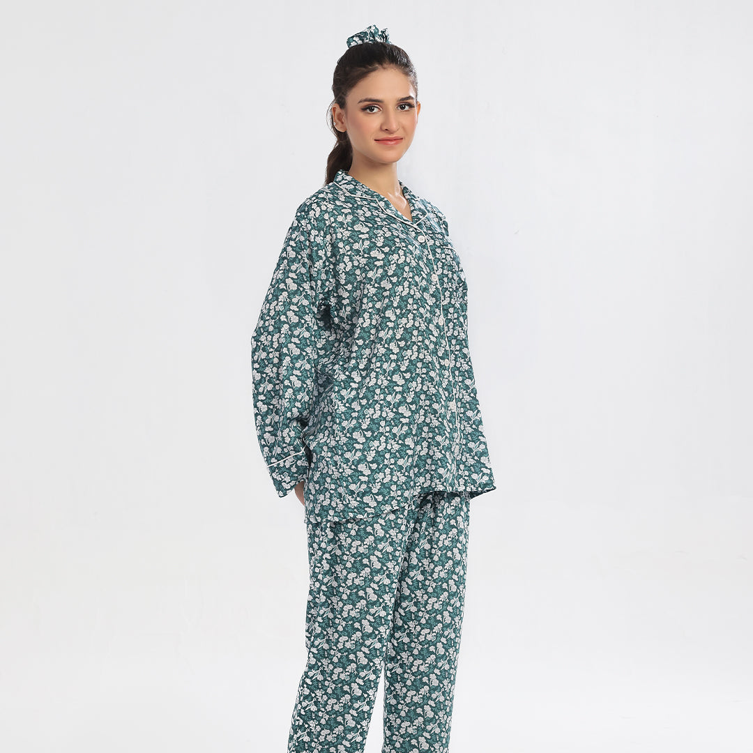 Floral Deep Sea Green Linen Pajama Suit with Scrunchie