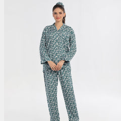 Floral Deep Sea Green Linen Pajama Suit with Scrunchie