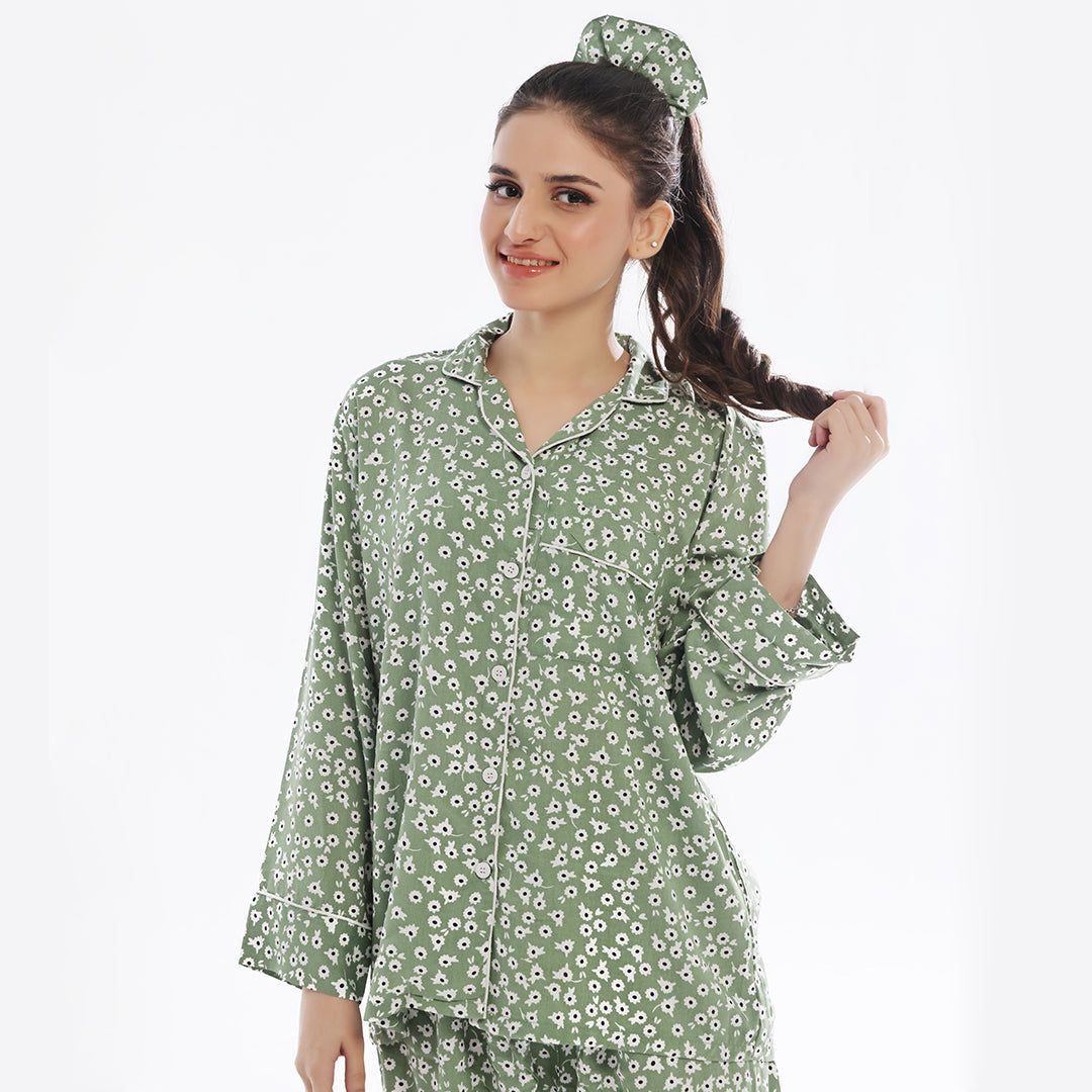 Floral Olive Linen Pajama Suit with Scrunchie