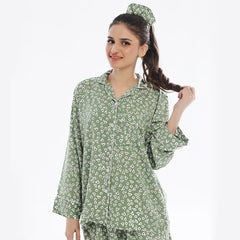 Floral Olive Linen Pajama Suit with Scrunchie