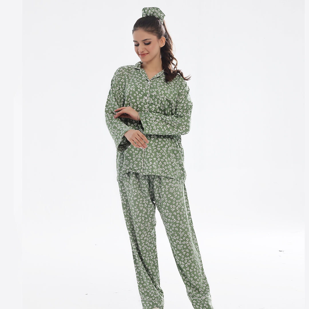 Floral Olive Linen Pajama Suit with Scrunchie