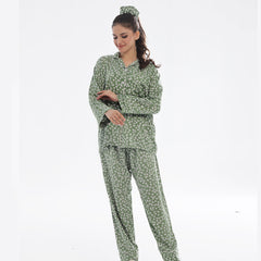 Floral Olive Linen Pajama Suit with Scrunchie