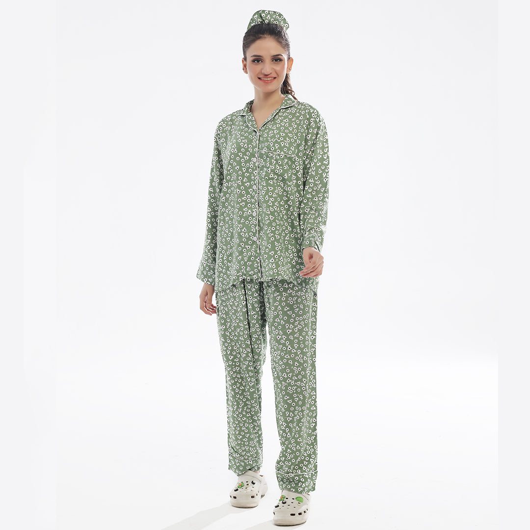 Floral Olive Linen Pajama Suit with Scrunchie