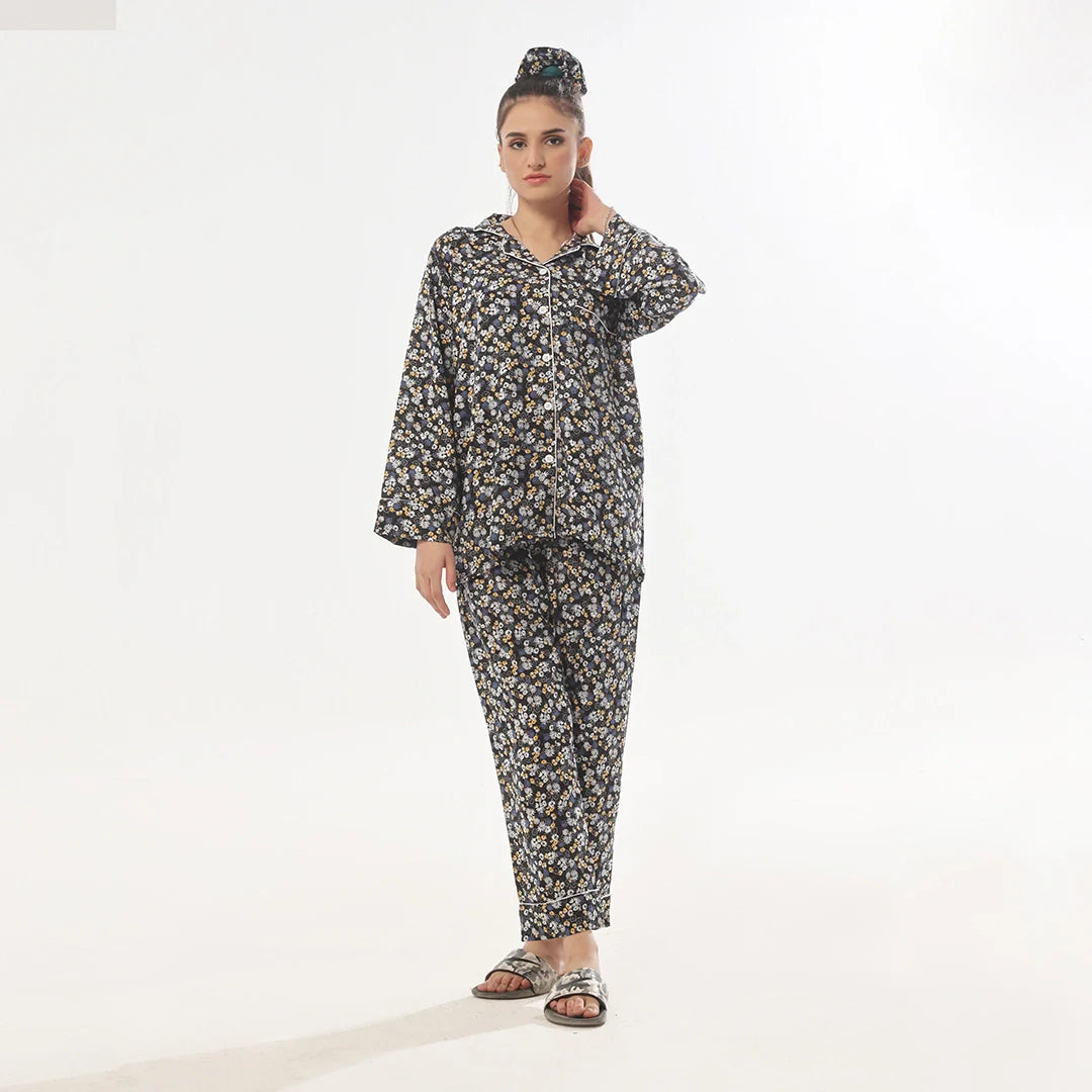 Dark Petals Linen Pajama Suit with Scrunchie