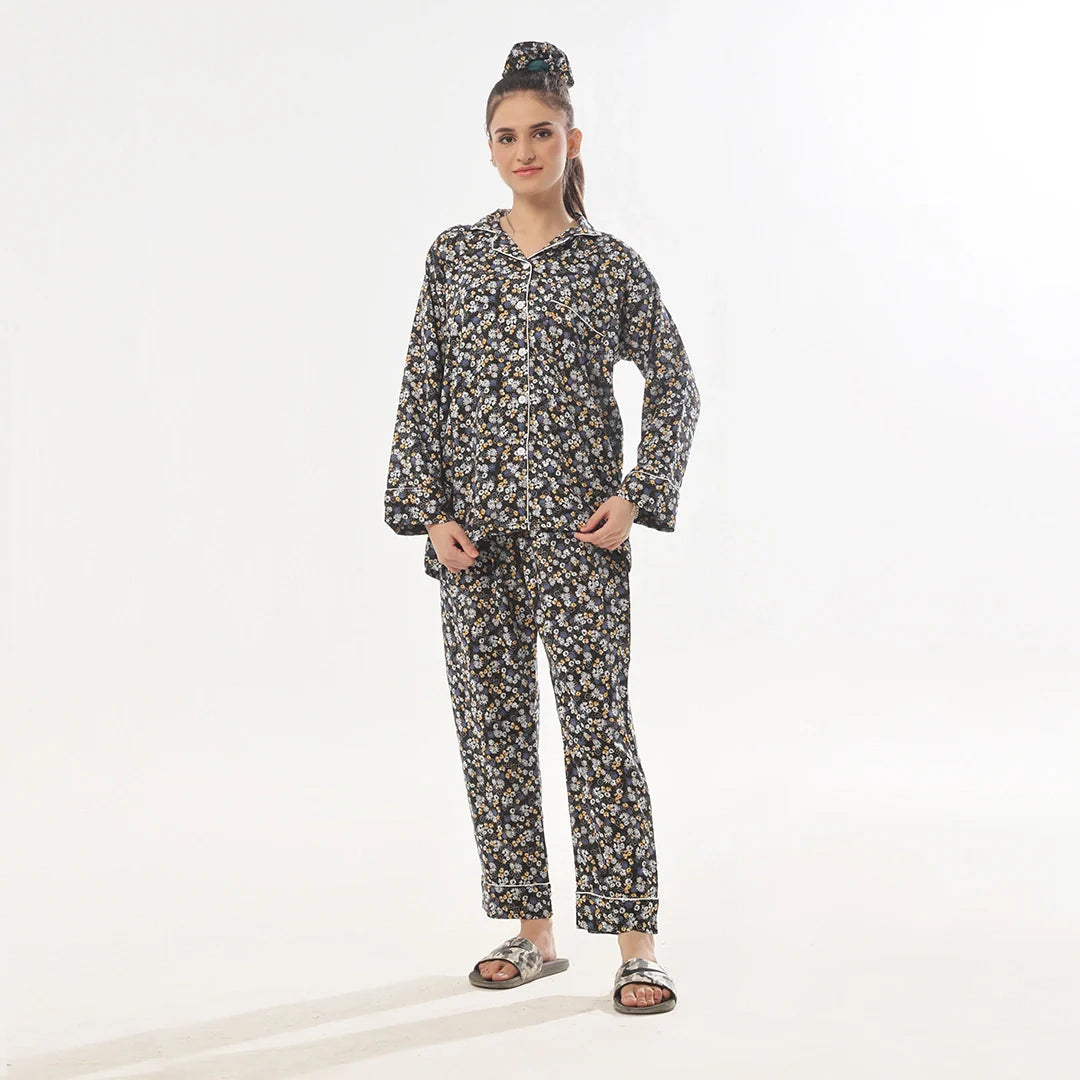 Dark Petals Linen Pajama Suit with Scrunchie