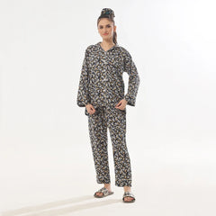 Dark Petals Linen Pajama Suit with Scrunchie
