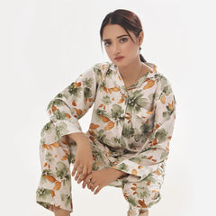 Abstract Floral Linen Pajama Suit with Scrunchie