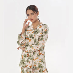 Abstract Floral Linen Pajama Suit with Scrunchie