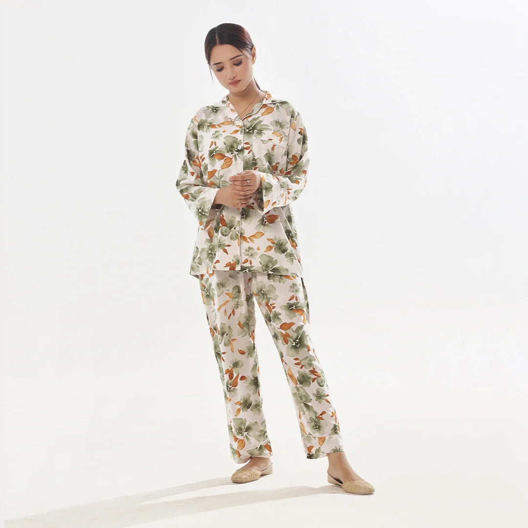 Abstract Floral Linen Pajama Suit with Scrunchie