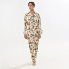 Abstract Floral Linen Pajama Suit with Scrunchie