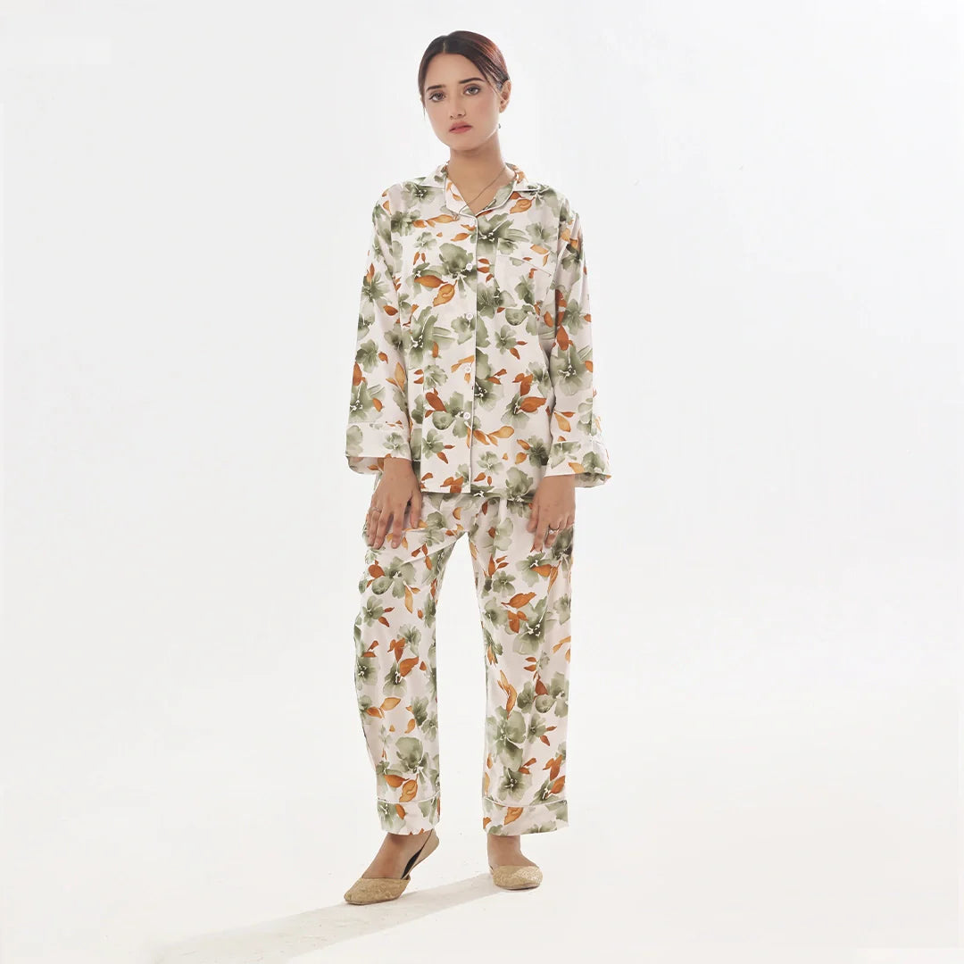 Abstract Floral Linen Pajama Suit with Scrunchie