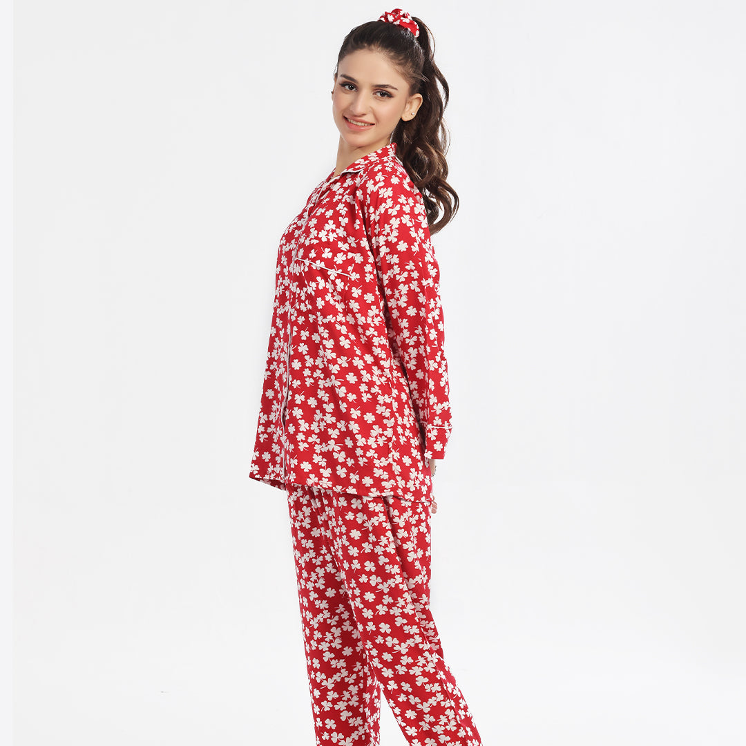 Autumn Red Linen Pajama Suit with Scrunchie