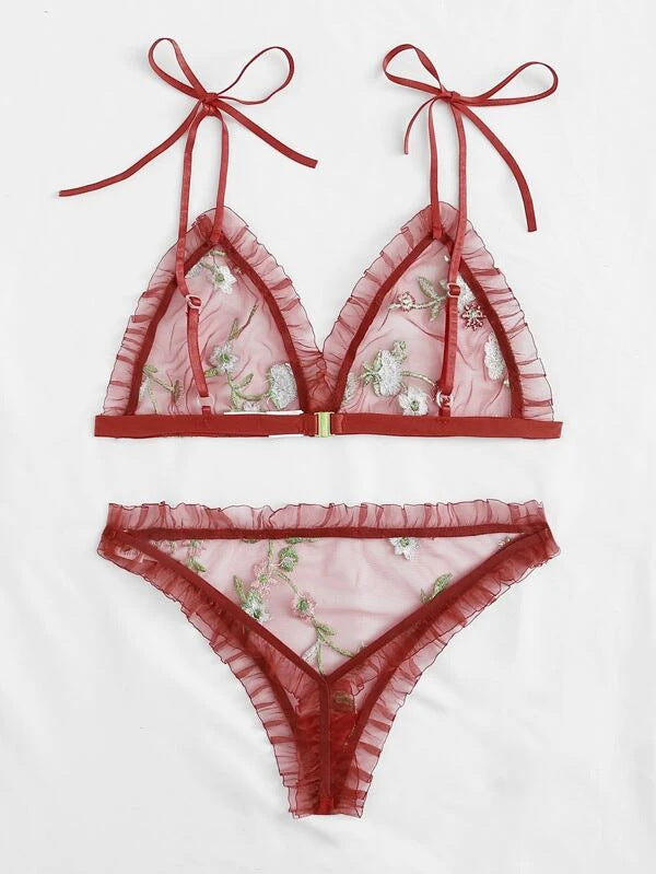ELI Floral Embroidered Transparent Bikini Set
