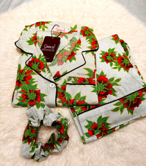 Galaxy Boski Linen Printed Pajama Suit with Scrunchie - Lime Floral