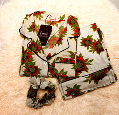 Galaxy Boski Linen Printed Pajama Suit with Scrunchie - Lime Floral