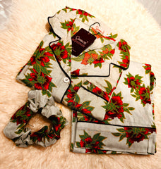 Galaxy Boski Linen Printed Pajama Suit with Scrunchie - Lime Floral