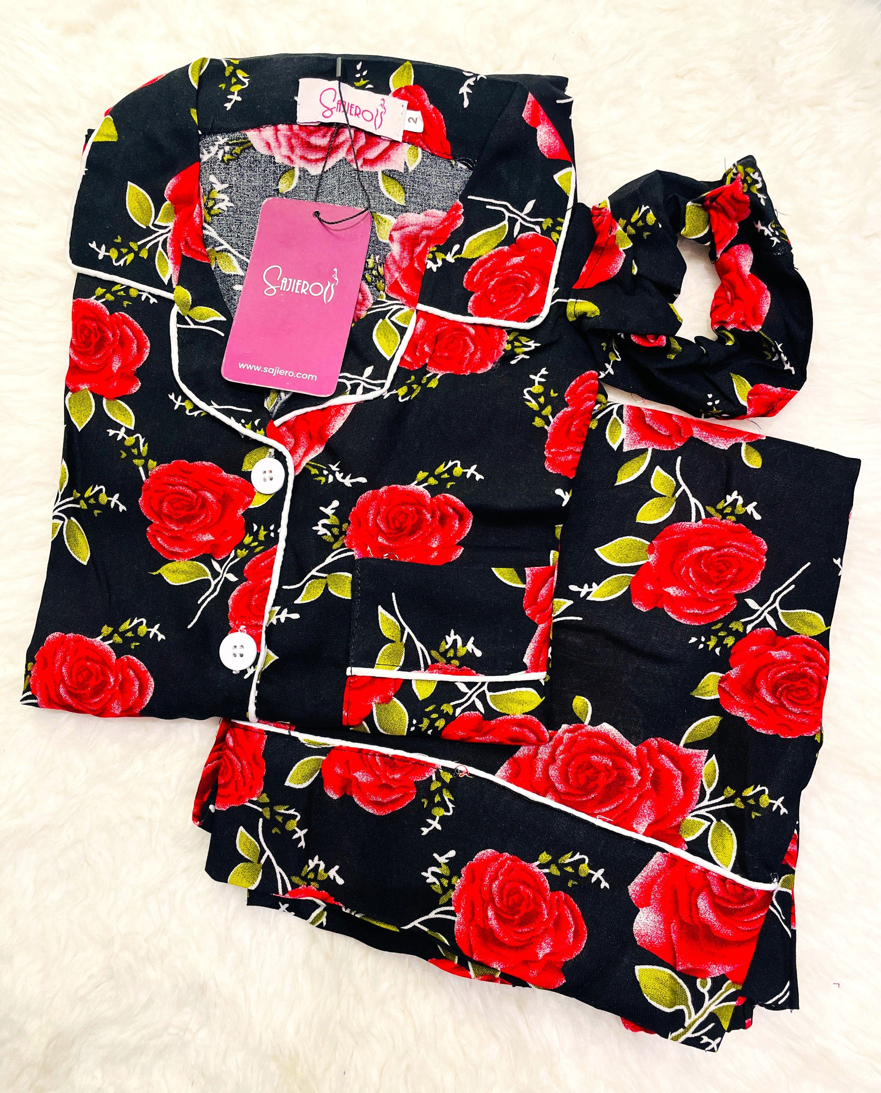 Galaxy Boski Linen  Printed Pajama with Scrunchie - Love Rose