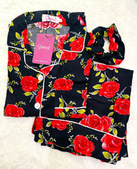 Galaxy Boski Linen  Printed Pajama with Scrunchie - Love Rose