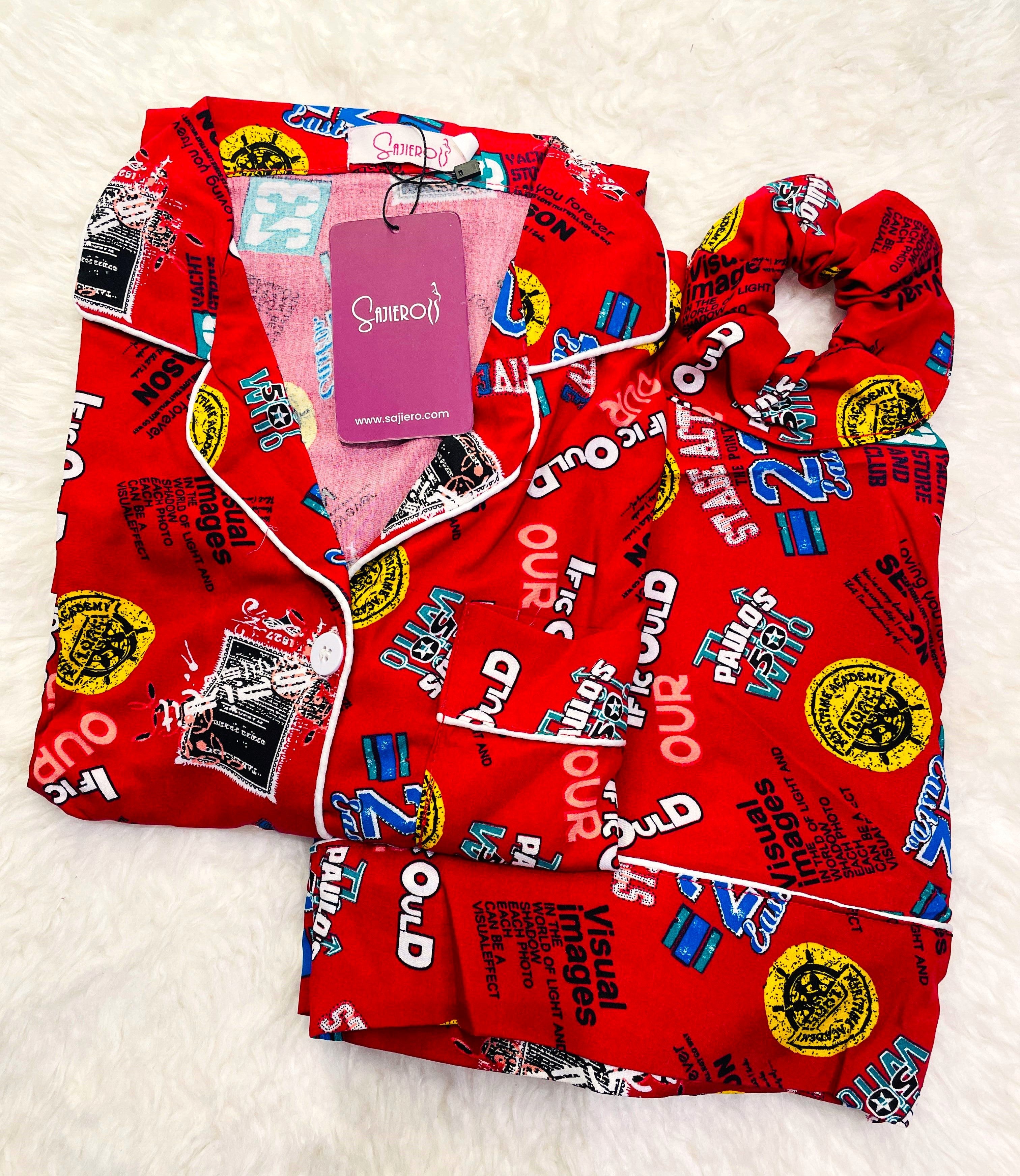 Galaxy Funky Printed Boski Linen Pajama Suit with Scrunchie - Maroon