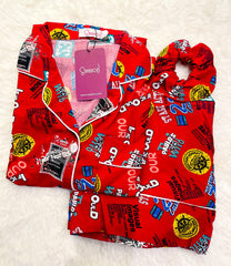 Galaxy Funky Printed Boski Linen Pajama Suit with Scrunchie - Maroon