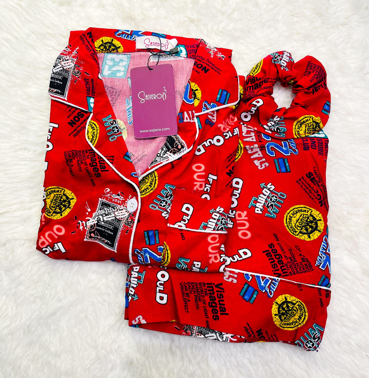 Galaxy Funky Printed Boski Linen Pajama Suit with Scrunchie - Maroon