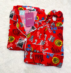 Galaxy Funky Printed Boski Linen Pajama Suit with Scrunchie - Maroon