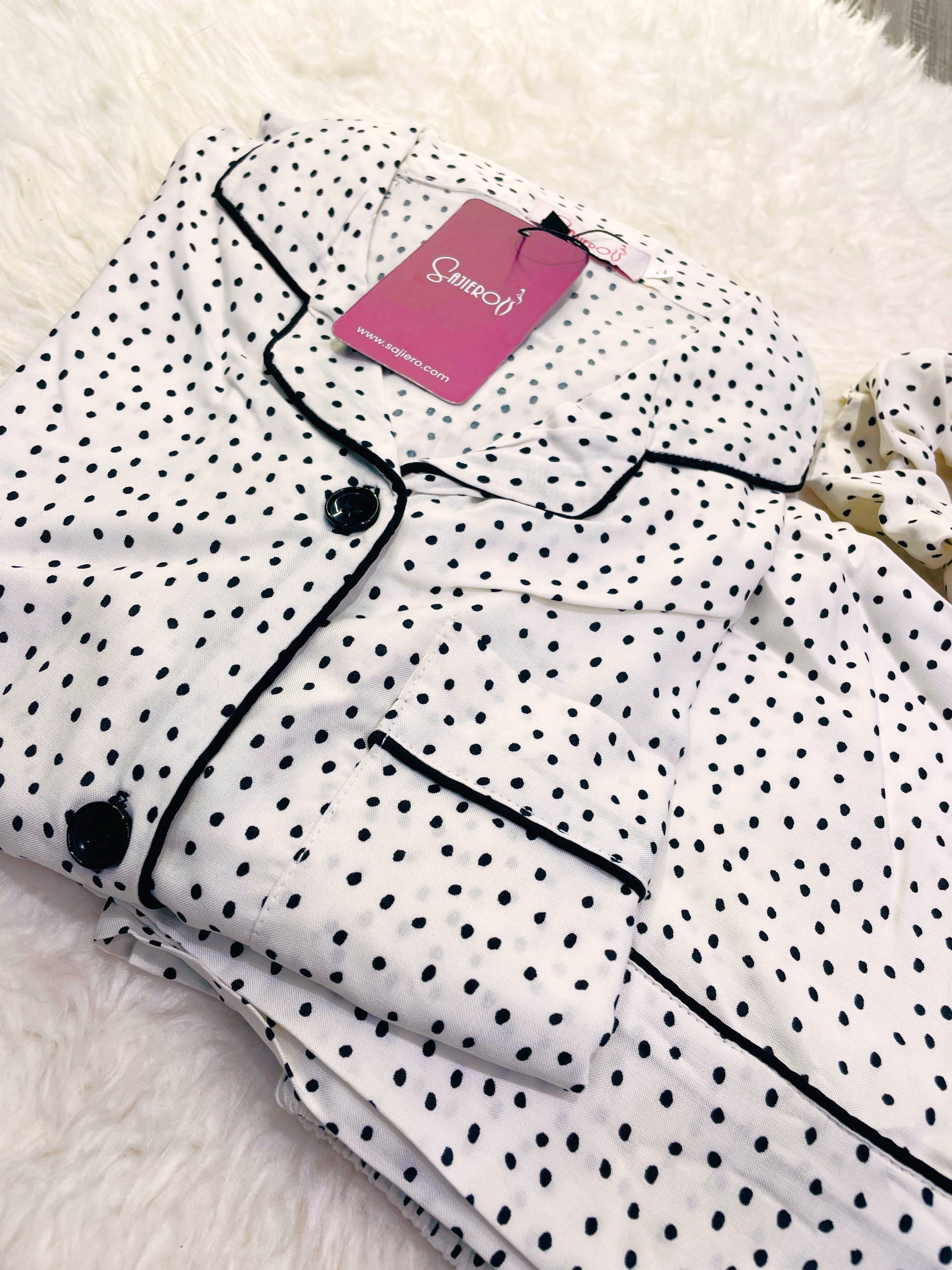 Galaxy Boski Linen  Printed Pajama Suit Black Dots