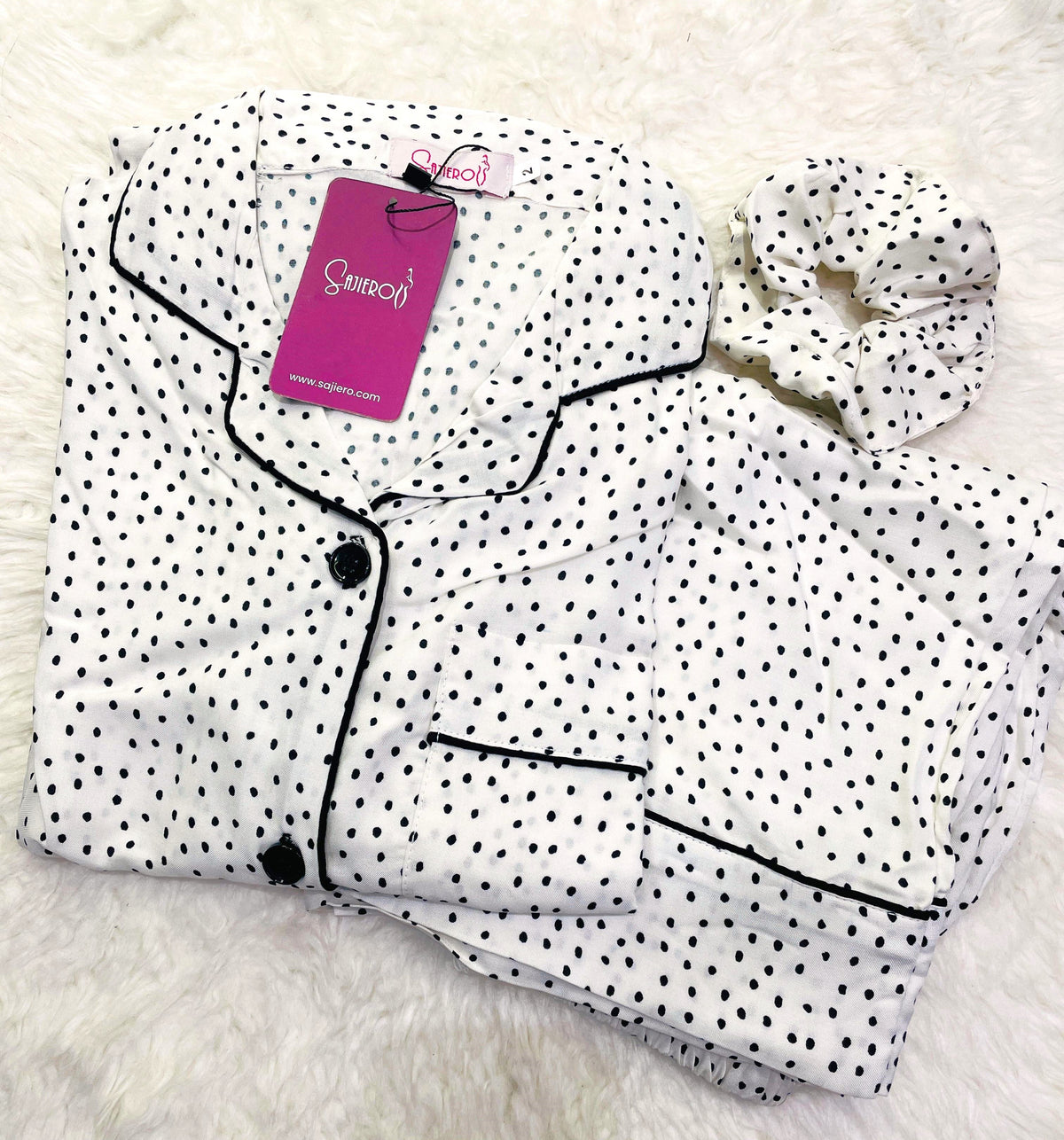 Galaxy Boski Linen  Printed Pajama Suit Black Dots